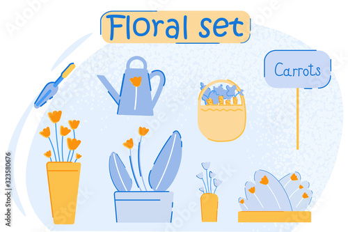 Floral Set. Items for Gardening and Working with Plants. Watering Can, Spade for Digging Soil, Basket with Carrots, Potted Homeplant. Creative Collection. Cartoon Flat Vector Illustration, Banner