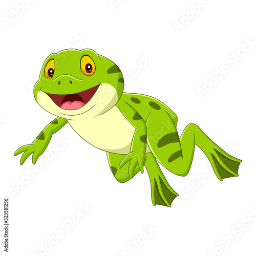 Cartoon happy green frog jumping