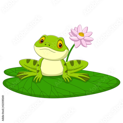 Cartoon green frog sitting on a leaf