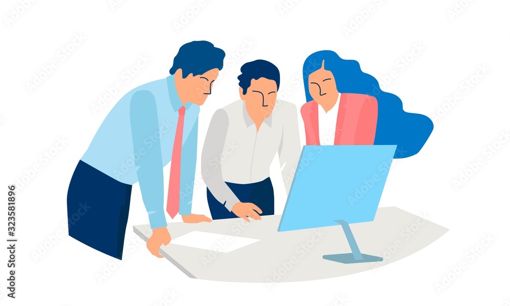 Workplace. People looking at the laptop screen. Business concept vector illustration in flat cartoon style. Workplace. People looking at the laptop screen. Business concept vector illustration in flat cartoon style.