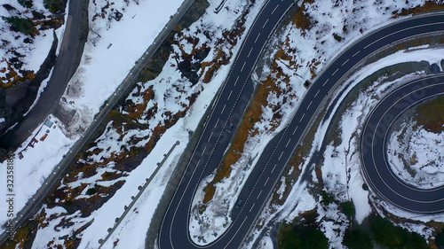 Top down view over a pass street in the Swiss mountains on a winterÂ´s day - aerial photography photo