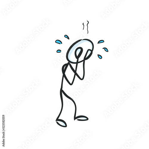 Frustration. Sad man crying, yawn, grief. Hard times struggle loss pain. Hand drawn. Stickman. Doodle sketch, Vector graphic illustration