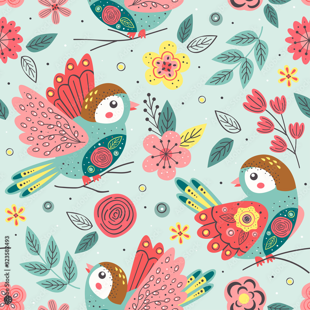 seamless pattern with beautiful spring bird on branch - vector illustration, eps    