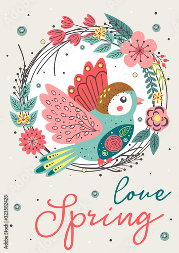 spring card with beautiful bird in floral frame - vector illustration, eps 