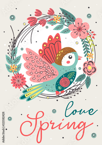 spring card with beautiful bird in floral frame - vector illustration, eps    