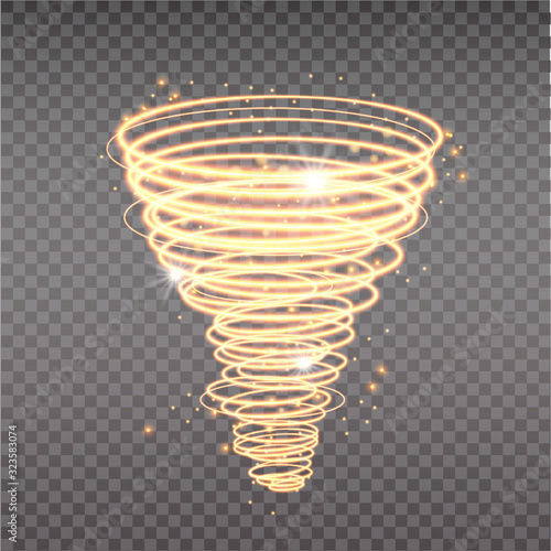 Golden tornado, swirling storm cone of stardust sparkles on transparent background. Golden spiral with light effect. Magical stardust tornado, light hurricane.