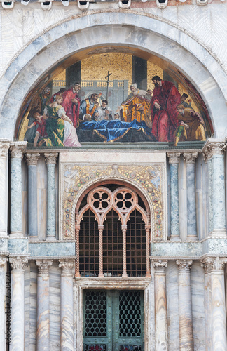 A closeup of St. Mark's body being venerated by the Doge and Venetian magistrates, mosaic of St. Mark's Basilica, Venice, Italy