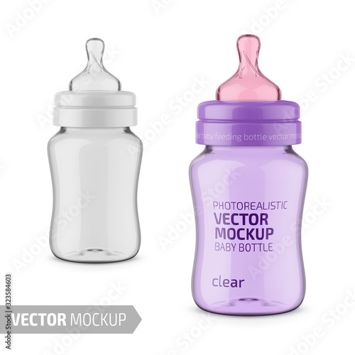 Clear glossy plastic baby bottle vector mockup.