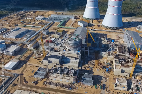 Billede på lærred Aerial survey of a nuclear power plant under construction. Insta