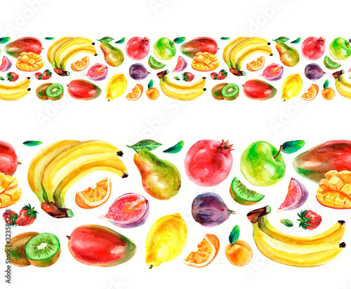 Watercolor pattern of seamless borders, ribbons, fruits.