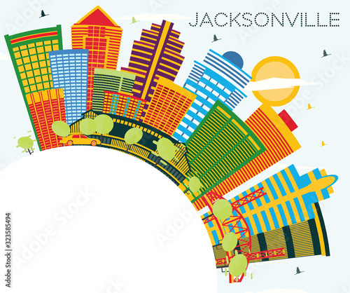 Jacksonville Florida City Skyline with Color Buildings, Blue Sky and Copy Space.