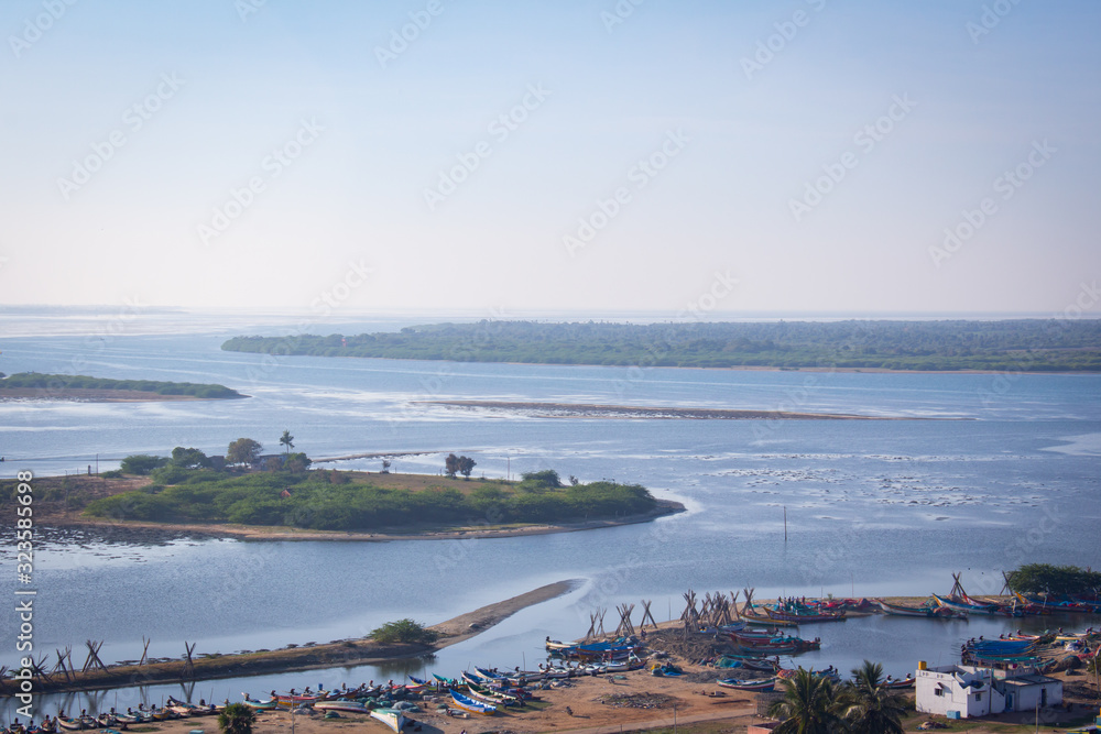 Breathtaking view of Pulicat(also called as Pazhaverkadu) Lagoon, Tamil Nadu, India. Aerial view of Pulicat lake and lagoon with fishing boats stationed around. Pulicat lake is in north of Chennai.