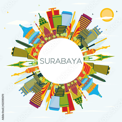 Surabaya Indonesia City Skyline with Color Buildings, Blue Sky and Copy Space.