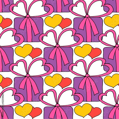 Valentine's day seamless pattern with hearts and gifts. Beautiful abstract pattern with Valentine's day seamless pattern for decorative design. Logo element for wedding illustration. Vintage design.