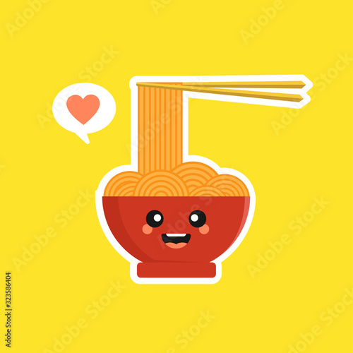 Cute and kawaii ramen bowl character in flat style. Noodle with chopstick cartoon character illustration with emoji and expression. Can use for restaurant, resto, mascot, chinese. japanese, asian