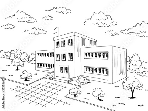 School building exterior graphic black white sketch illustration vector