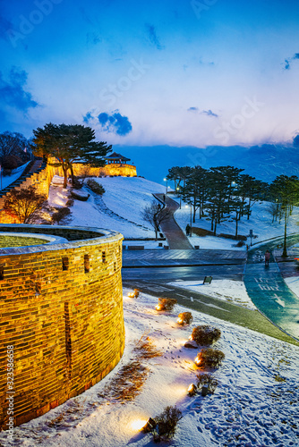 Seoul, South Korea - FEB 16 2020:  Hwaseong Fortress, built from 1794-1796, is located just south of Seoul.  The perimeter wall is easily walked, giving excellent views of the fortress and the city.