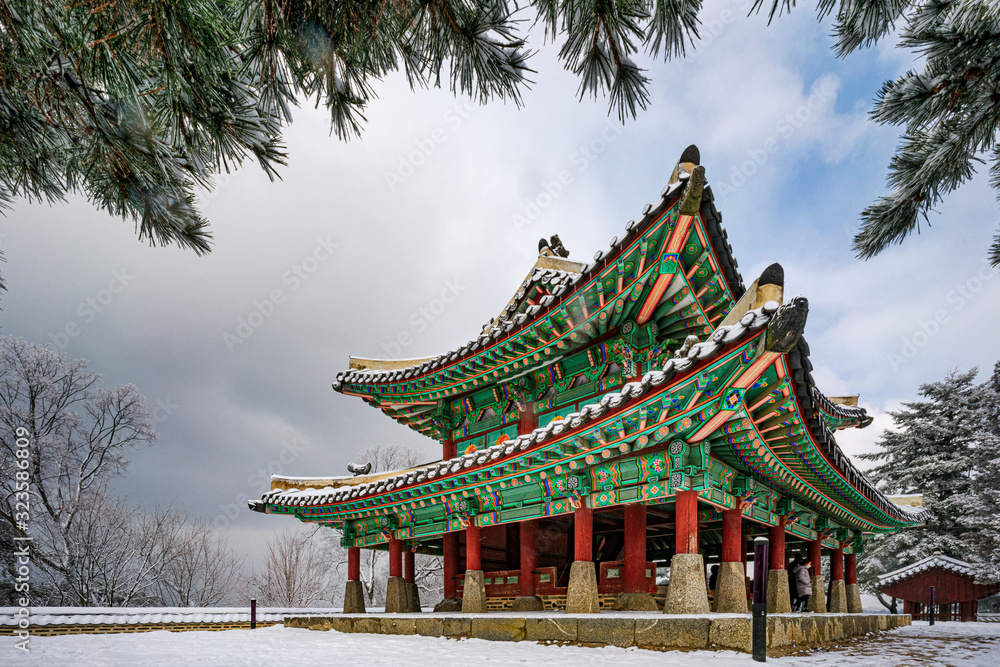 Gwangju, South Korea - FEB 16 2020:  Namhansanseong is a historic mountain Fortress City near Seoul, South Korea.  It was used as an emergency Capital City during the Joseon Dynasty.