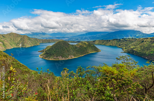 The Cuicocha crater lake or lagoon with the Teodoro Wolf and Yerovi islands along the 5 hour long hike near Otavalo  north of Quito  Ecuador.