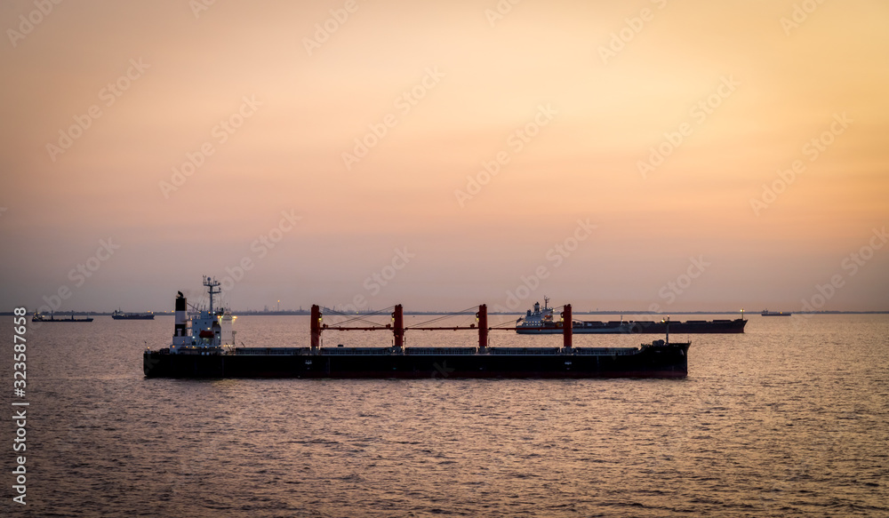 Cargo ships at sunset anchored off Buenos Aries waiting to load freight.