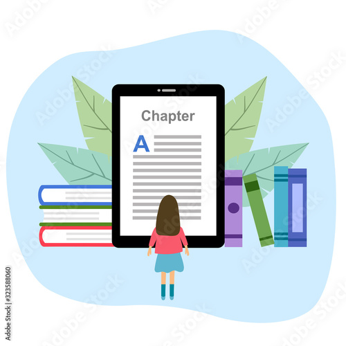 Book and Ebook reader tablet device. Online digital library and Ebook concept vector illustration on white background. A girl reading content on screen pad. Creative flat design template for website.