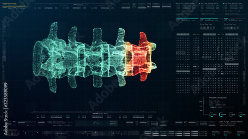 Futuristic head up display motion element virtual biomedical holographic human body scan neurological examination, axial skeleton, vertebral column, DNA and heart diagnostic for background display photo