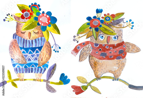 Watercolor isolated owls in a wreath with flowers. Handmade. Children's poster.