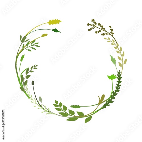 Laural or wreath made of wild flowers, twigs and herbs. Round floral frame great to place any text, quote or logo. Rustic design great for summer or spring event. Vector illustration