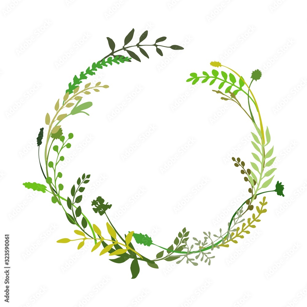 Laural or wreath made of wild flowers, twigs and herbs. Round floral frame great to place any text, quote or logo. Rustic design great for summer or spring event. Vector illustration - obrazy, fototapety, plakaty 
