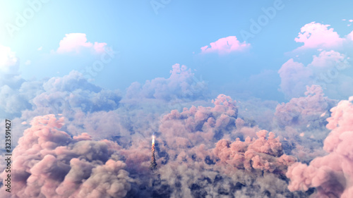 Photography Rocket Launch through the clouds, Starship rocket to the mars