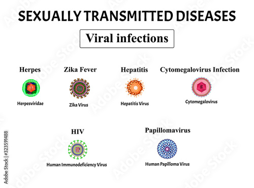 HIV, herpes, papillomavirus, AIDS, hepatitis, cytomegalovirus, Zika virus. Set of viral infections. Sexually transmitted diseases. Infographics. Vector illustration on isolated background.