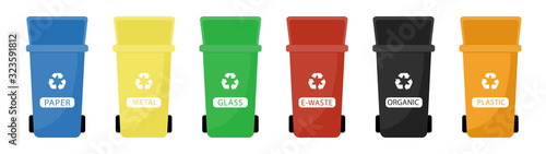 Garbage cans vector flat illustrations. Sorting garbage. Ecology and recycle concept. Colorful open recycle trash bins isolated on white background.