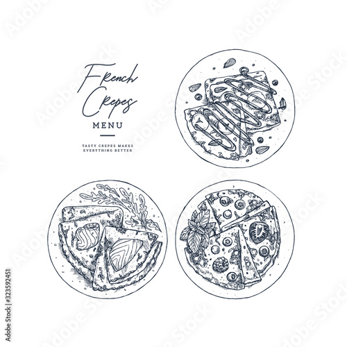 Crepes collection on white background. Top view. Cafe menu. French cuisine. Vector illustration