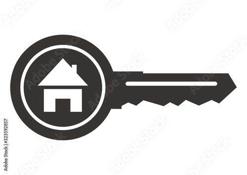 House at key, vector icon. Black silhouette of key with house. Concept for real estate agency or turnkey construction.