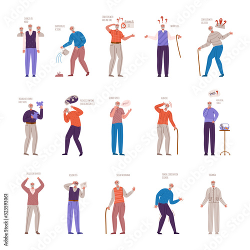 old people with dementia signs and symptoms, aged senior men with mental problems, Alzheimers or Parkinsons disease - memory loss, insomnia, disorientation, headache, slurred speech - vector isolated