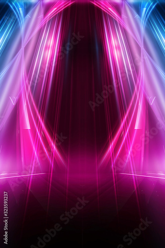 Abstract dark neon background with rays and lines. Blue and pink, purple neon light. Symmetrical reflection, mirroring. Modern futuristic geometric background.