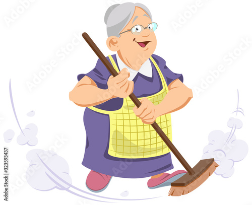 Elderly Woman with broom. Funny people.
