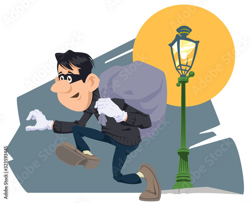 Cartoon thief in mask with sack. Funny people.