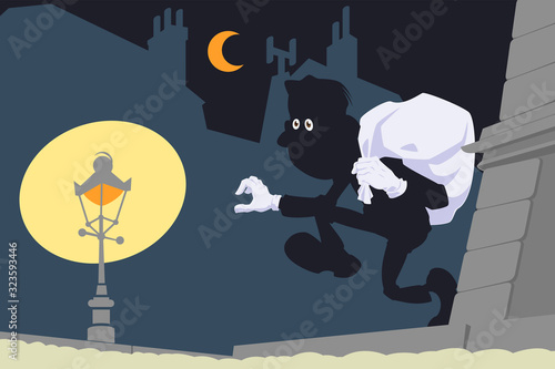 Cartoon thief in mask with sack. Funny people.