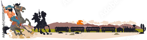 Wild west world. Robbery of train. Cowboy on horse.