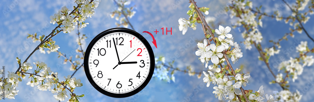 Daylight Saving Time (DST). Blue sky with white clouds and clock. Turn time forward (+1h). Daylight Saving Time (DST). Blue sky with white clouds and clock. Turn time forward (+1h).