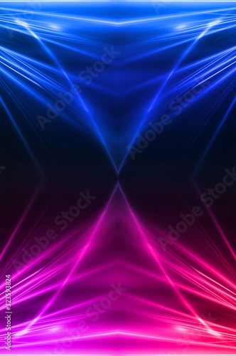 Abstract dark neon background with rays and lines. Blue and pink, purple neon light. Symmetrical reflection, mirroring. Modern futuristic geometric background.