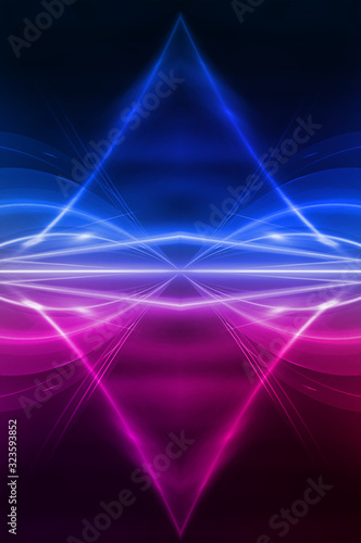 Abstract dark neon background with rays and lines. Blue and pink, purple neon light. Symmetrical reflection, mirroring. Modern futuristic geometric background.