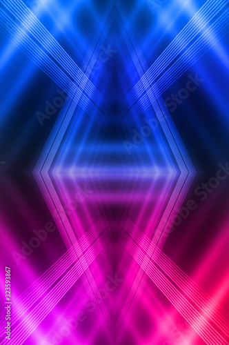 Abstract dark neon background with rays and lines. Blue and pink  purple neon light. Symmetrical reflection  mirroring. Modern futuristic geometric background.