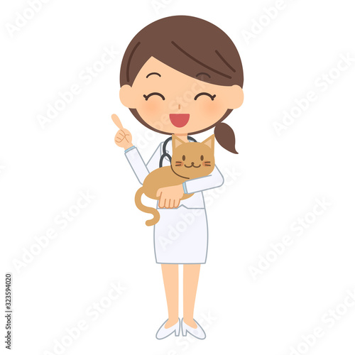 説明をする笑顔の獣医と猫