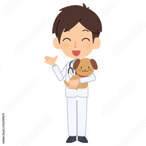 説明をする笑顔の獣医と犬