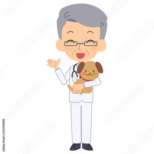 説明をする笑顔の獣医と犬