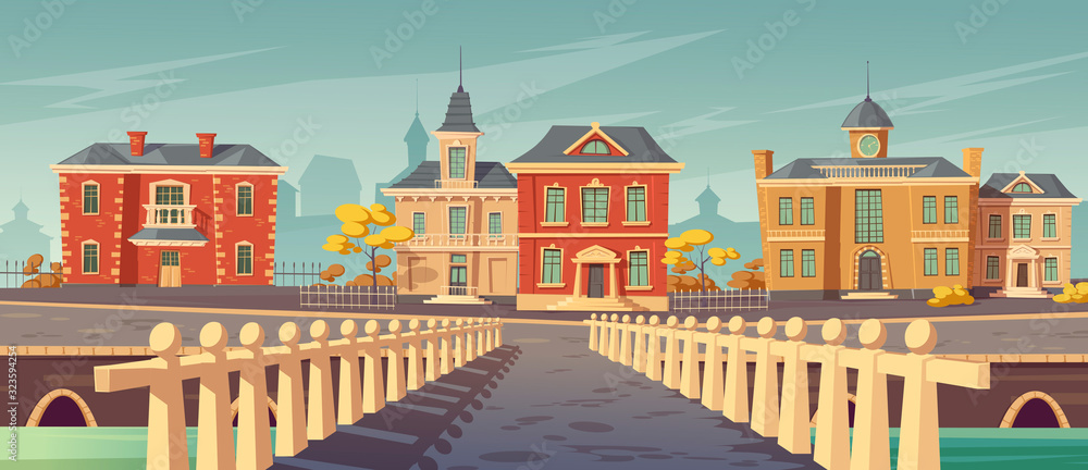 Bridge over rivet and promenade in old european town. Vector cartoon cityscape with old lake quay, empty seafront with retro architecture, autumn trees and pier