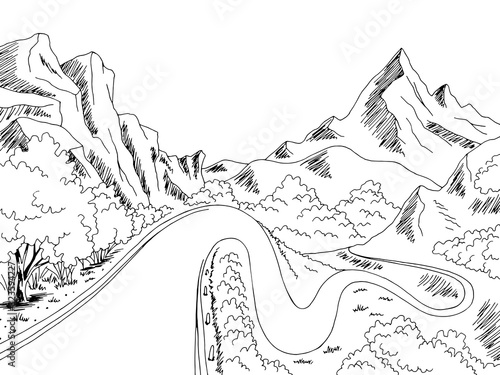 Mountain pass road graphic black white landscape sketch illustration vector