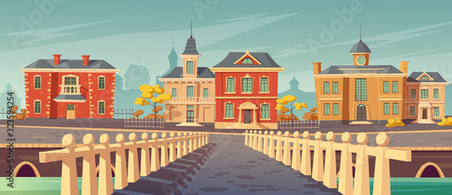 Bridge over rivet and promenade in old european town. Vector cartoon cityscape with old lake quay, empty seafront with retro architecture, autumn trees and pier